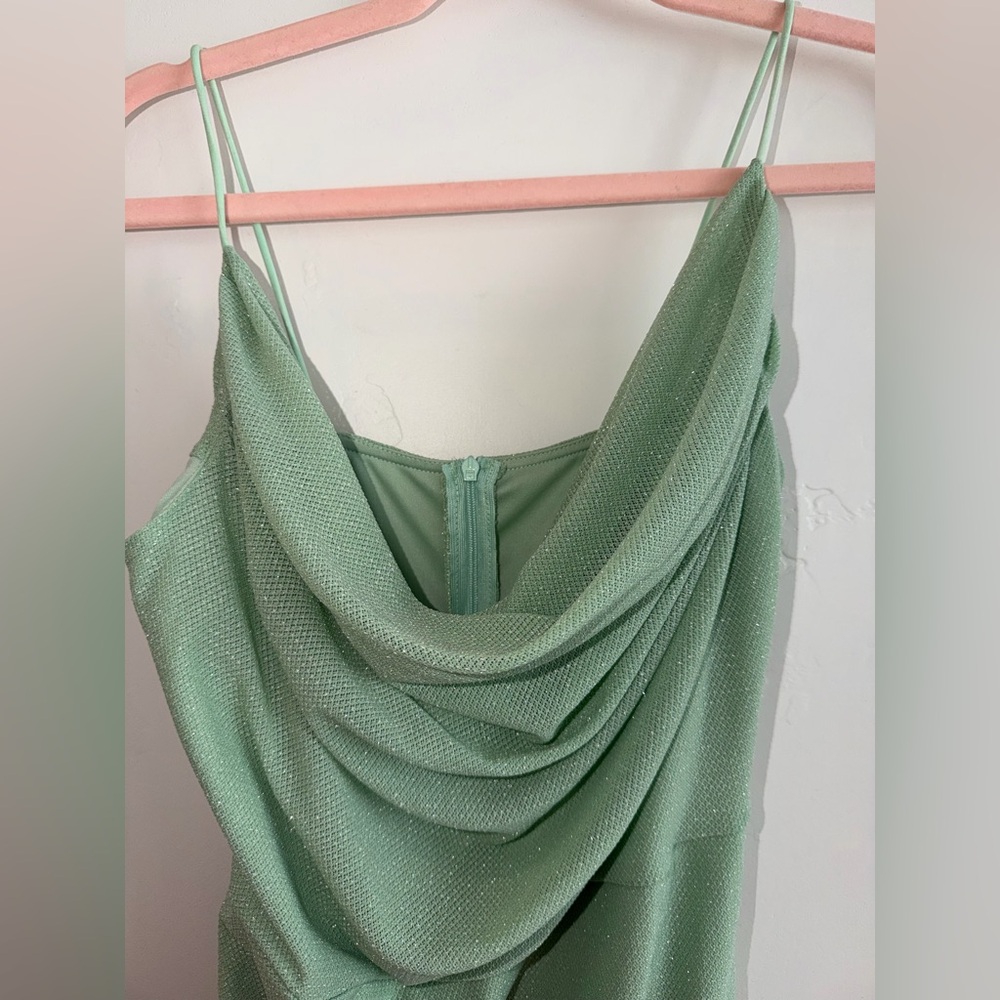 Sage Green Ruched Shimmery Cowl Neck Midi Dress Wedding Guest Bridesmaid M - Picture 2 of 6